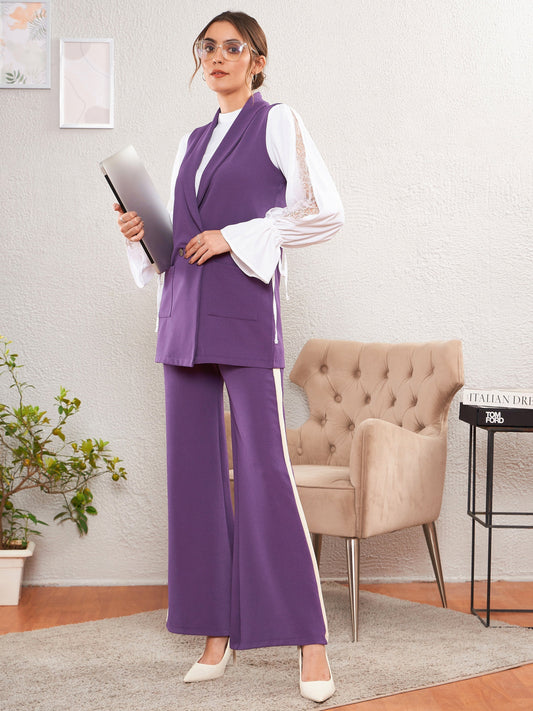 Women's Purple Sleeveless Blazer With Bell Bottom Pants