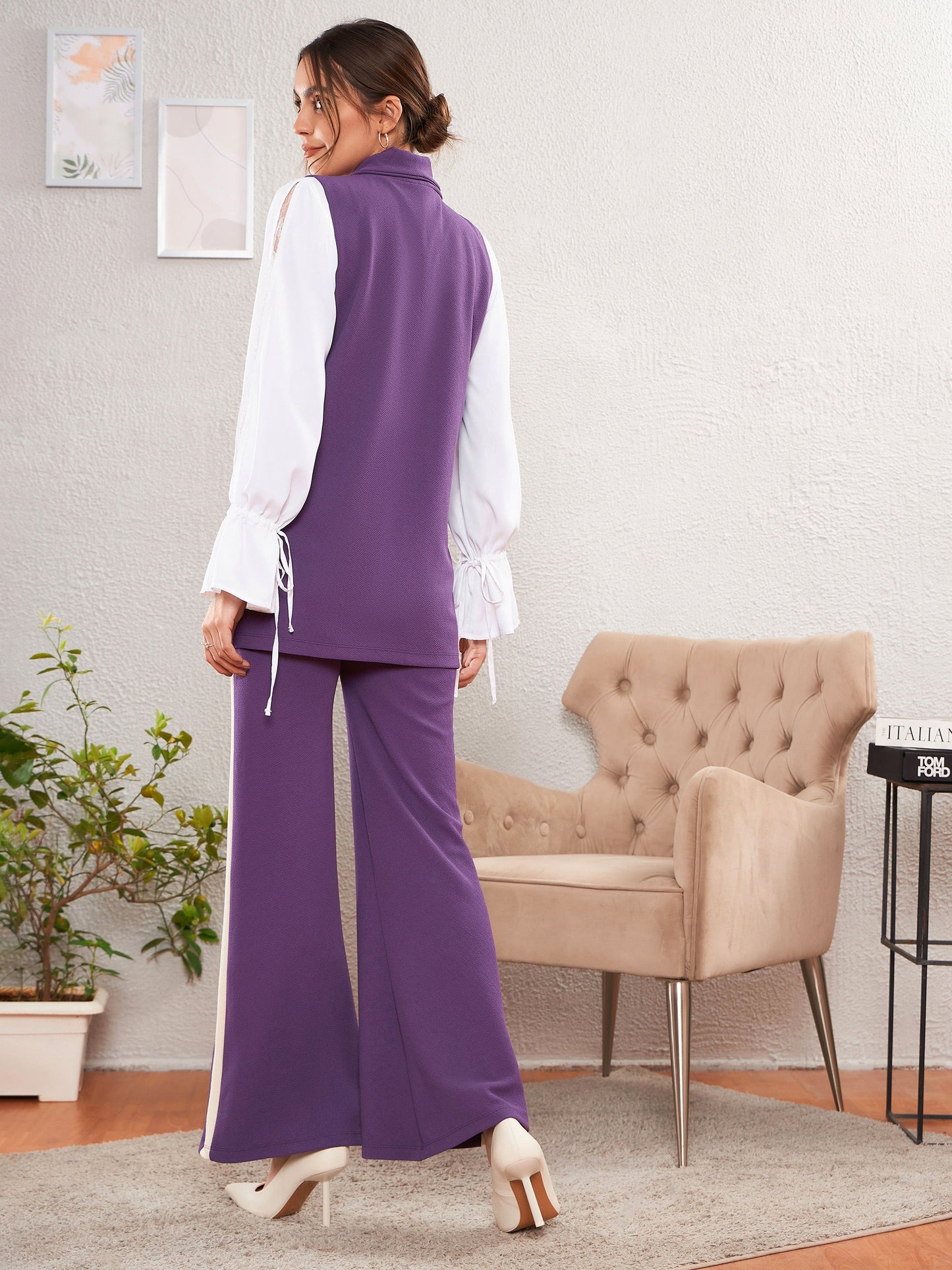 Women's Purple Sleeveless Blazer With Bell Bottom Pants