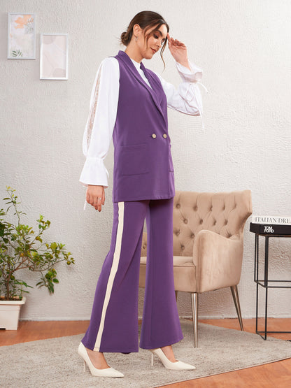 Women's Purple Sleeveless Blazer With Bell Bottom Pants