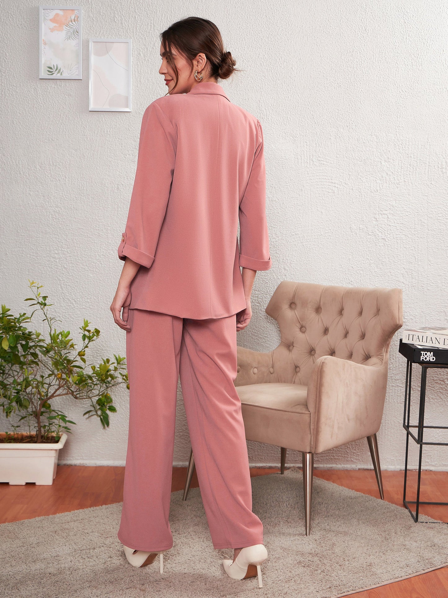 Women's Peach Longline Blazer With Darted Pants