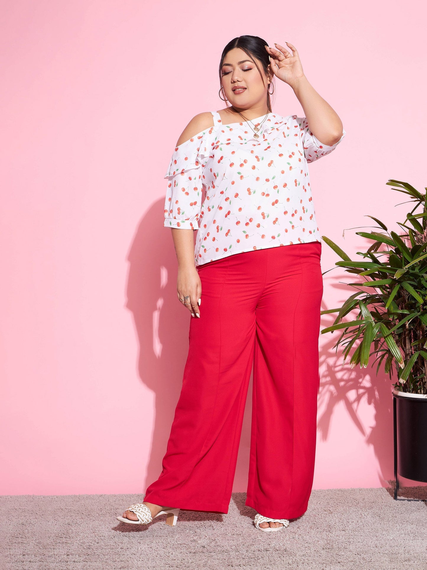 Women's Red Cherry One Shoulder Top With Pants