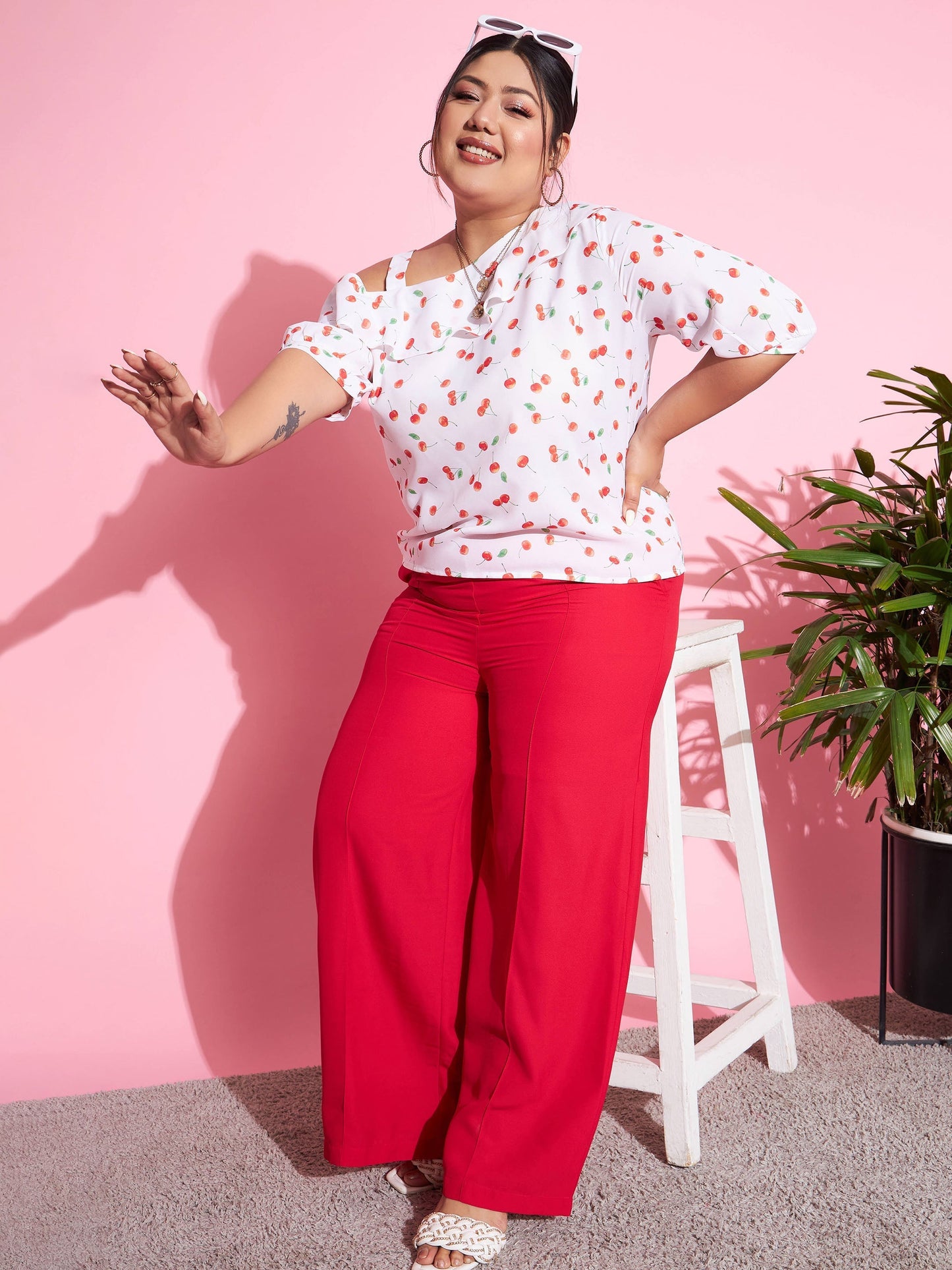 Women's Red Cherry One Shoulder Top With Pants