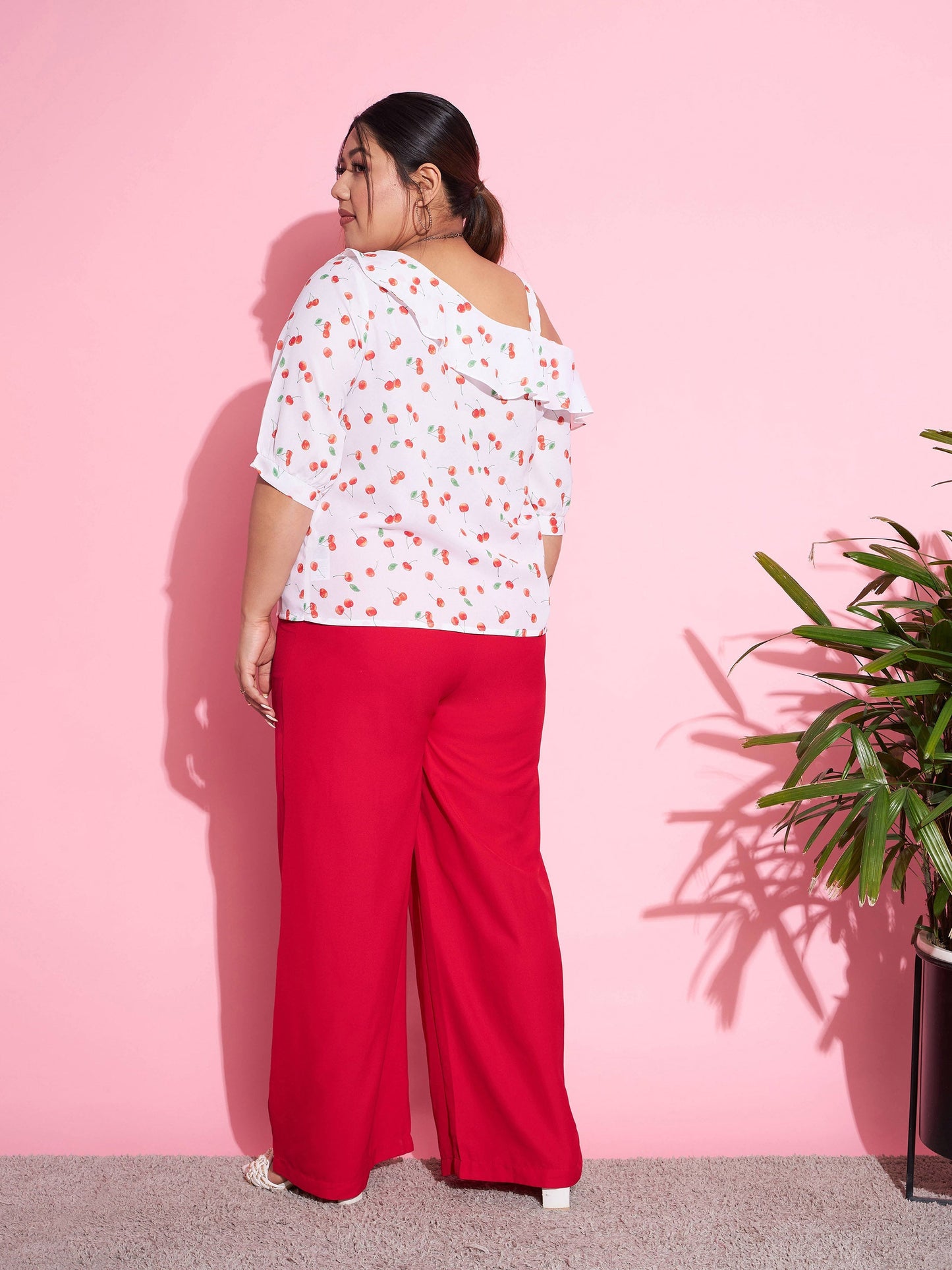 Women's Red Cherry One Shoulder Top With Pants