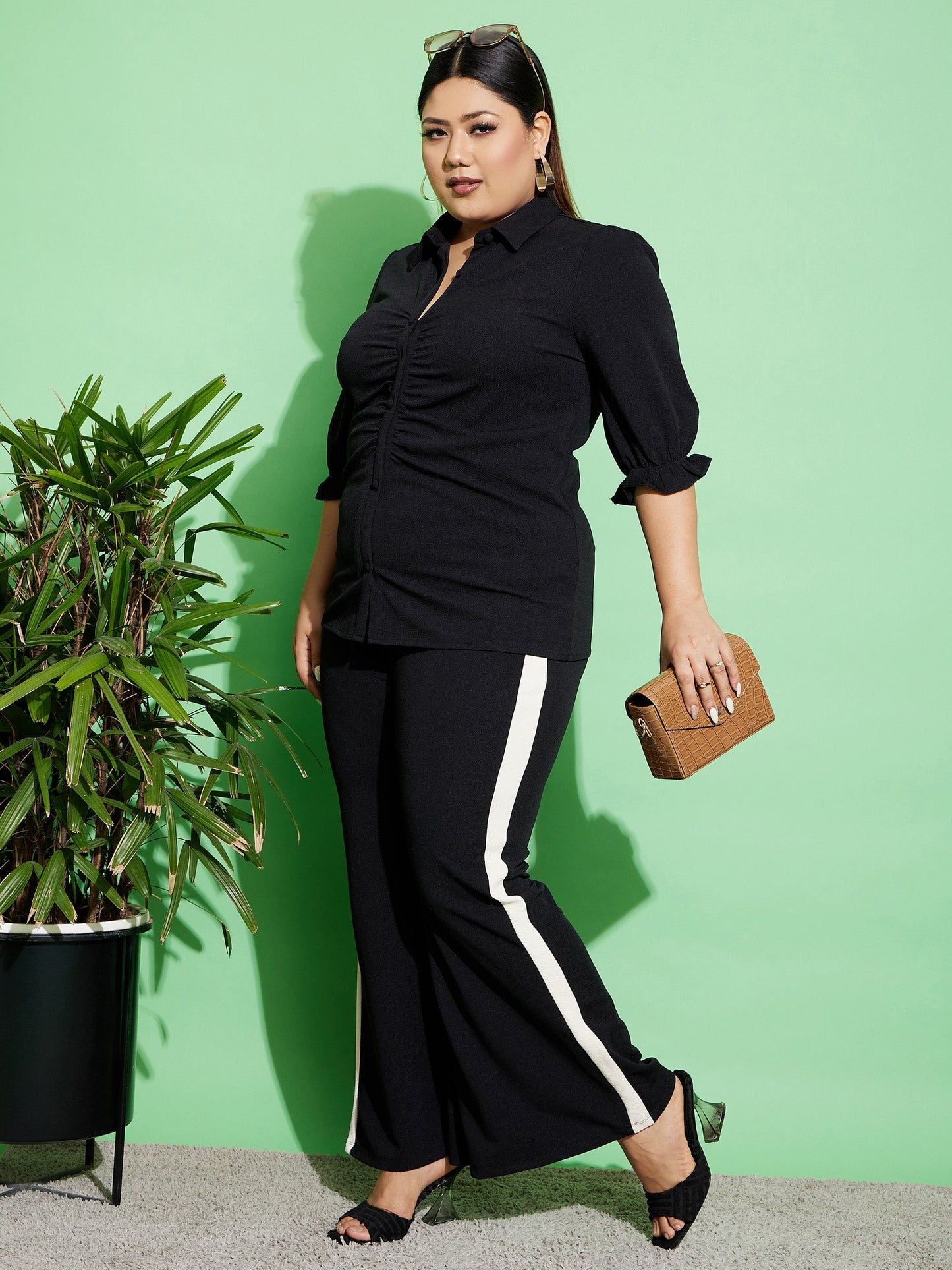 Women's Black Ruched Shirt With Side Tape Pants