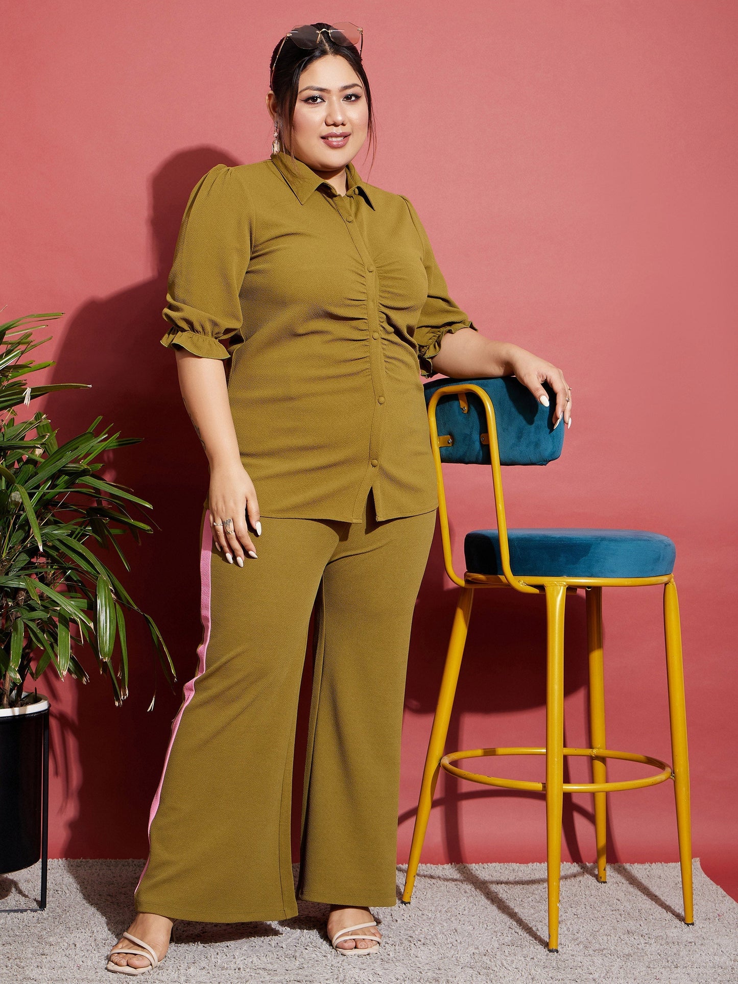 Women's Olive Ruched Shirt With Side Tape Pants