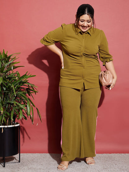 Women's Olive Ruched Shirt With Side Tape Pants