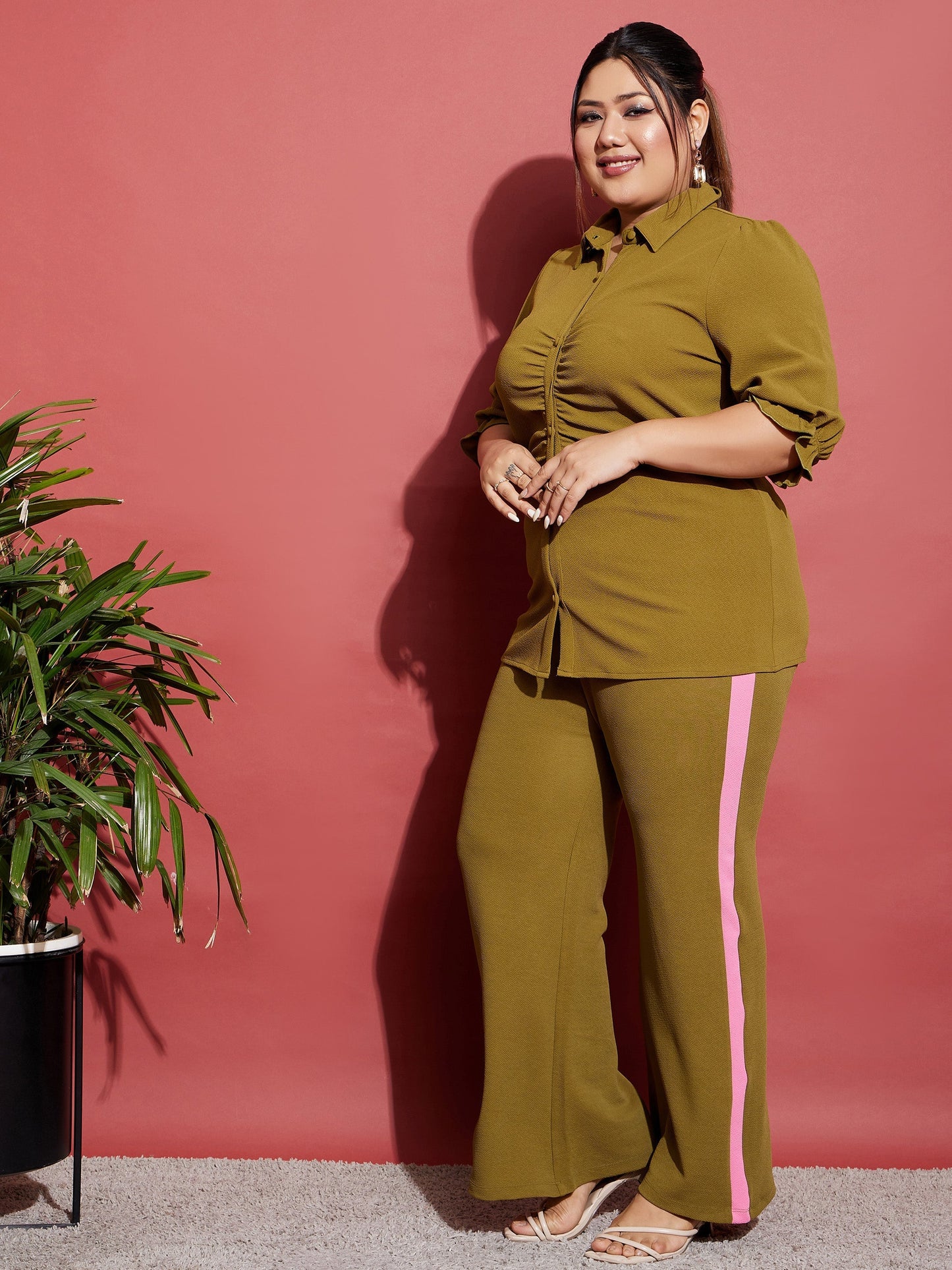 Women's Olive Ruched Shirt With Side Tape Pants