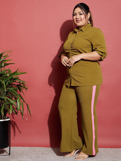 Women's Olive Ruched Shirt With Side Tape Pants