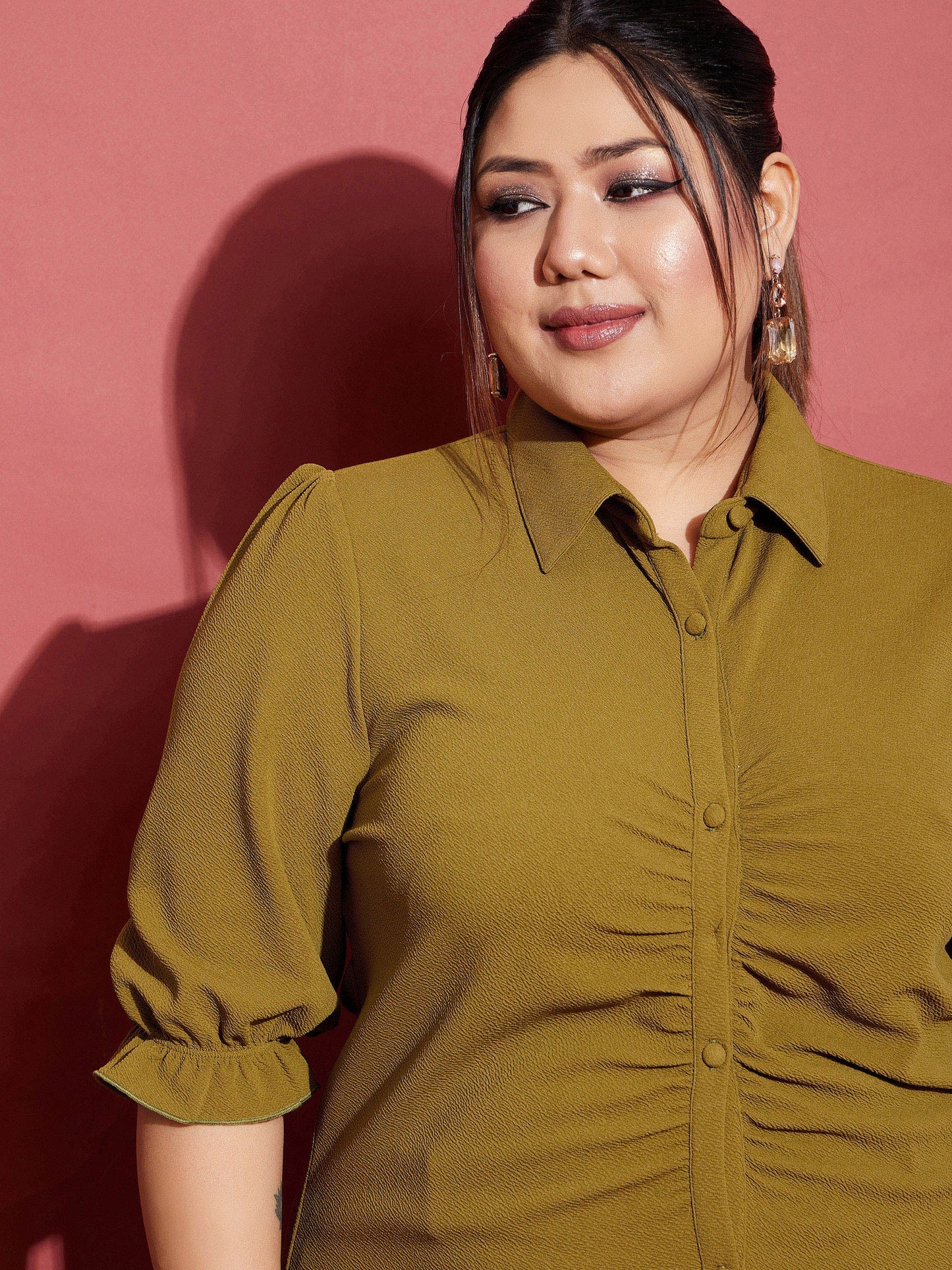 Women's Olive Ruched Shirt With Side Tape Pants