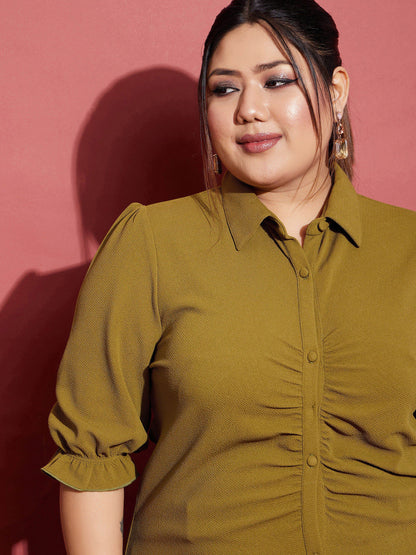 Women's Olive Ruched Shirt With Side Tape Pants