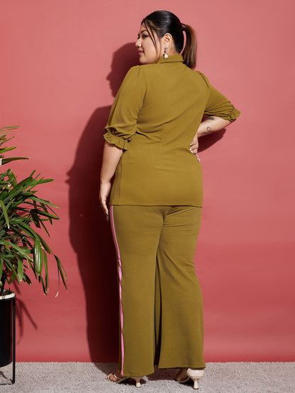 Women's Olive Ruched Shirt With Side Tape Pants