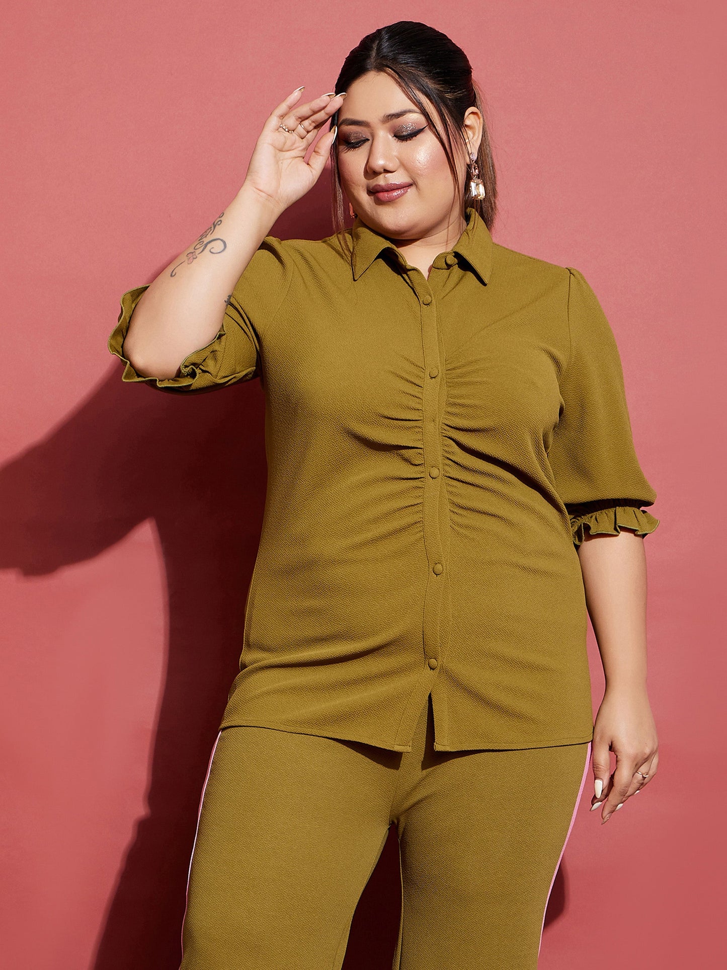 Women's Olive Ruched Shirt With Side Tape Pants