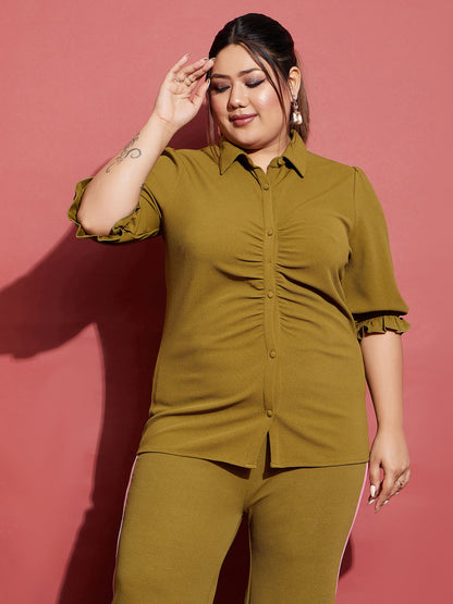 Women's Olive Ruched Shirt With Side Tape Pants