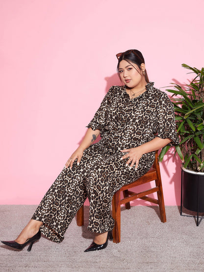 Women's Beige Animal Print Shirt With Straight Pants