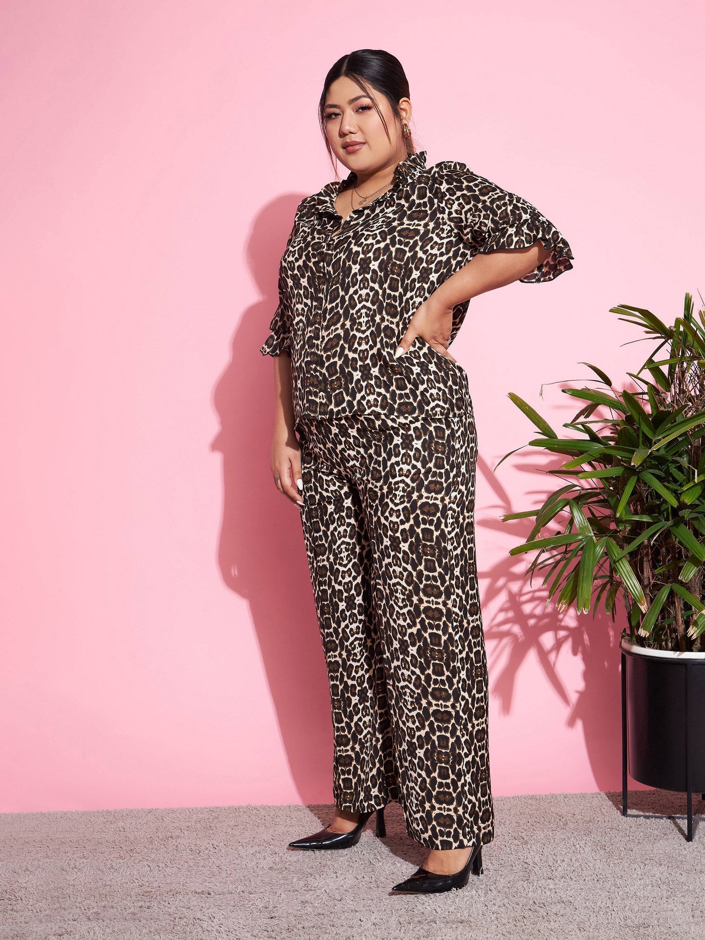 Women's Beige Animal Print Shirt With Straight Pants