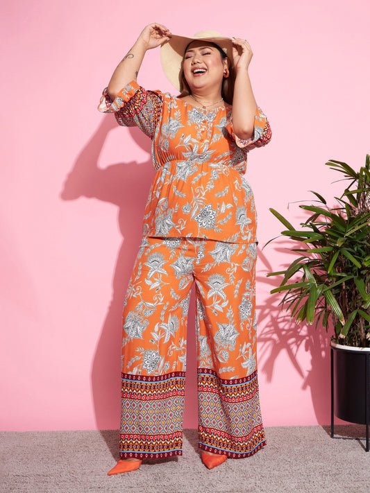 Women's Orange Floral Peplum Top With Straight Pants