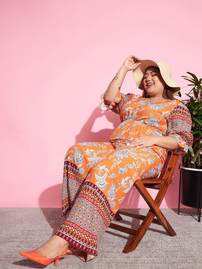 Women's Orange Floral Peplum Top With Straight Pants