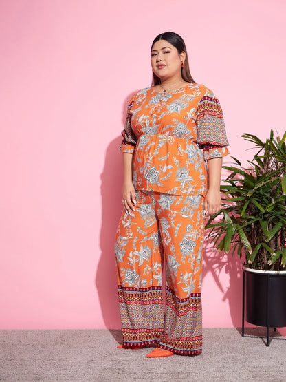 Women's Orange Floral Peplum Top With Straight Pants