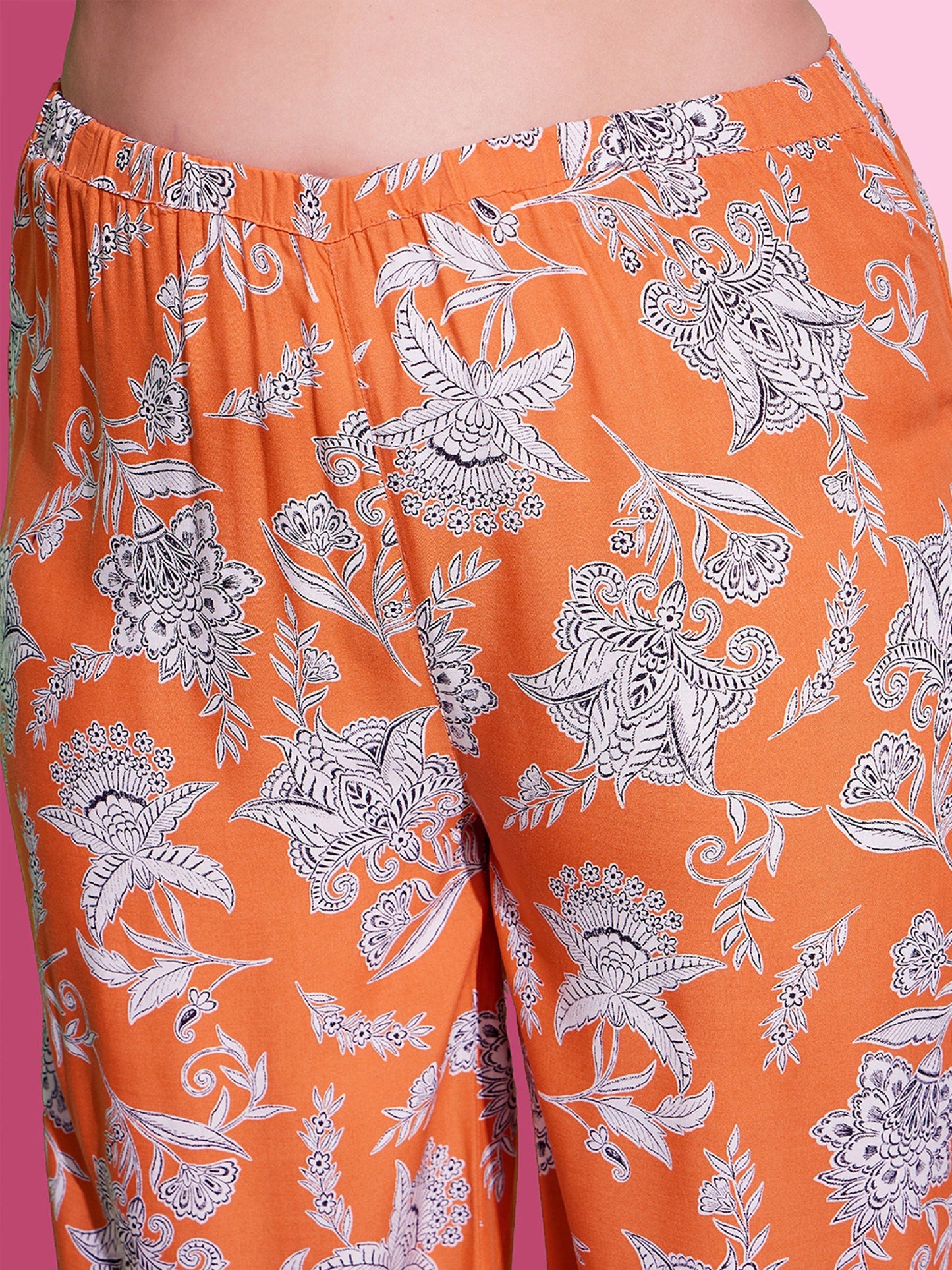 Women's Orange Floral Peplum Top With Straight Pants