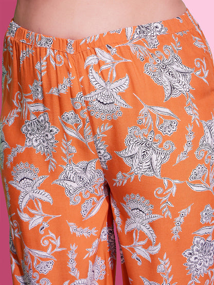 Women's Orange Floral Peplum Top With Straight Pants