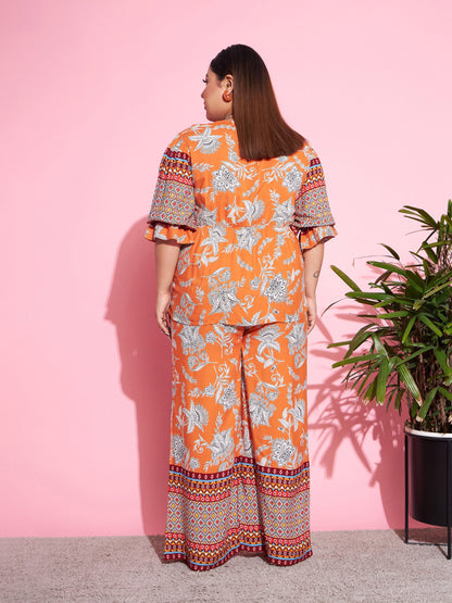 Women's Orange Floral Peplum Top With Straight Pants