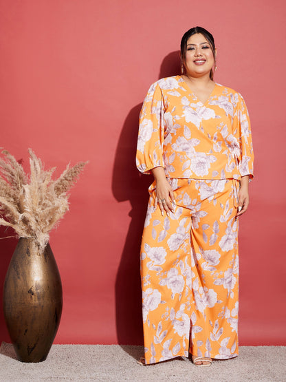 Women's Orange Floral Wrap Top With Straight Pants