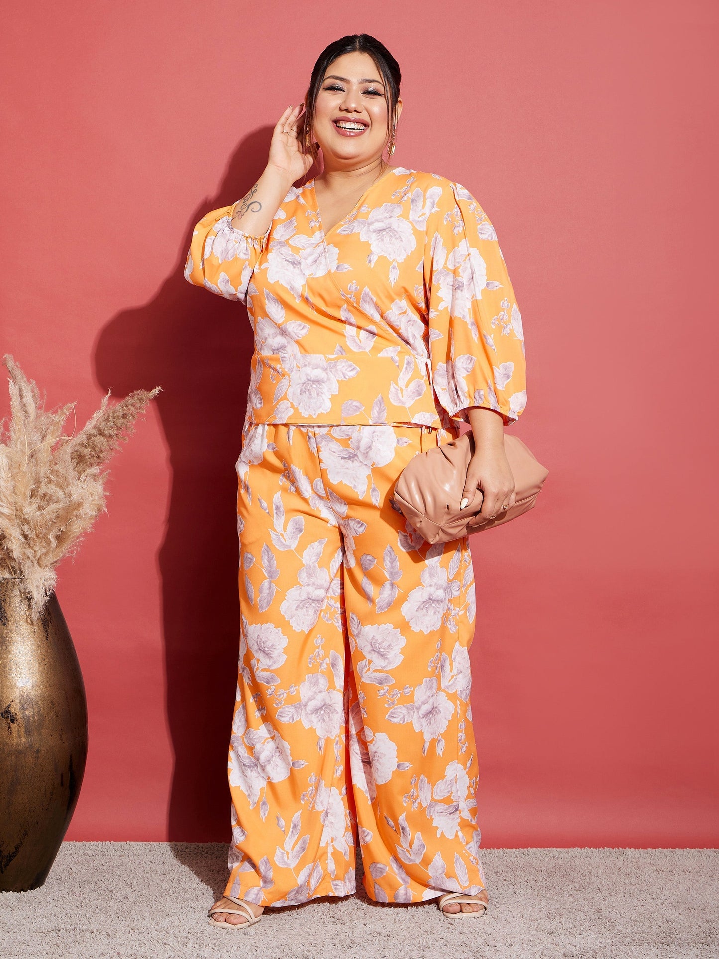 Women's Orange Floral Wrap Top With Straight Pants