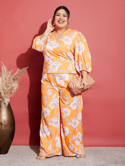 Women's Orange Floral Wrap Top With Straight Pants