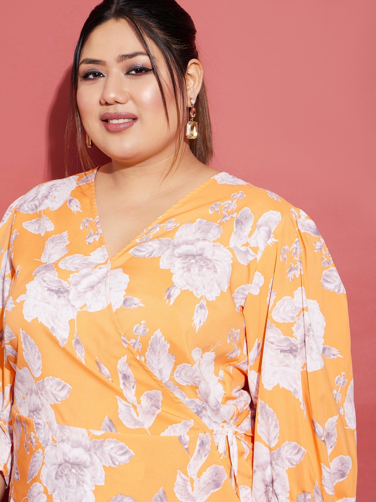 Women's Orange Floral Wrap Top With Straight Pants