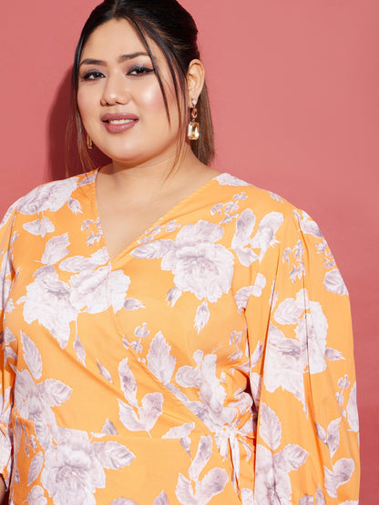 Women's Orange Floral Wrap Top With Straight Pants