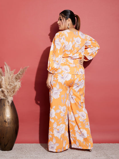Women's Orange Floral Wrap Top With Straight Pants