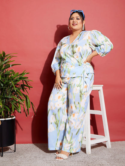Women's Blue Floral Wrap Top With Straight Pants