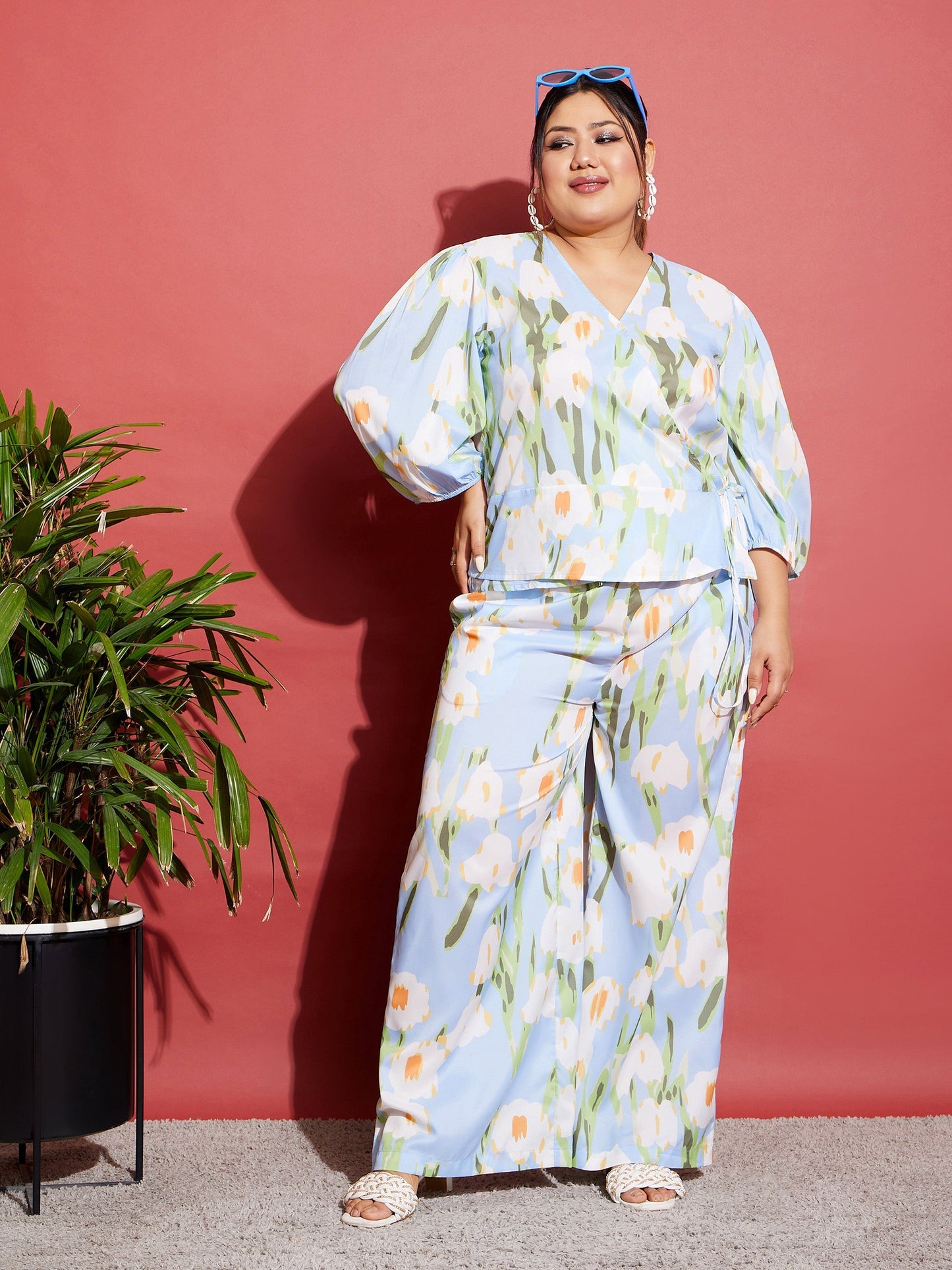 Women's Blue Floral Wrap Top With Straight Pants