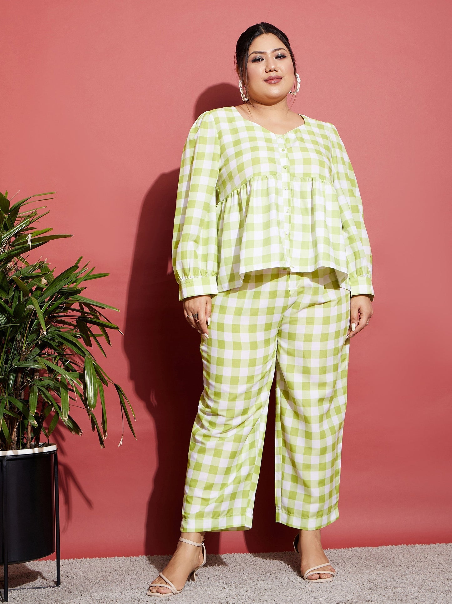Women's Green & White Check Top With Tapered Pants