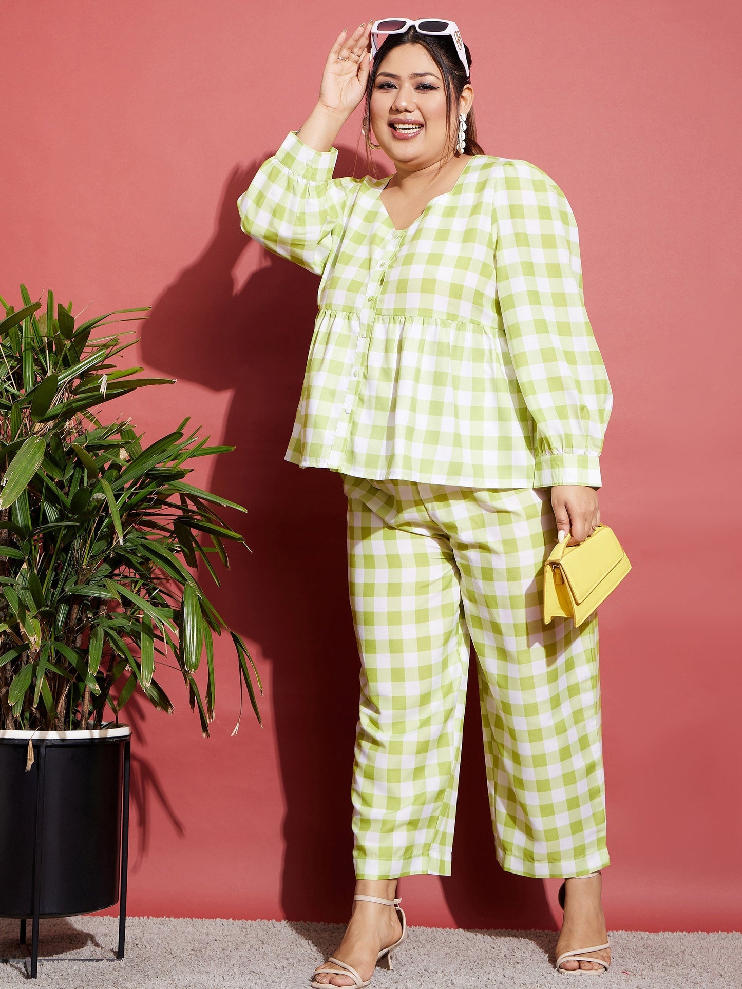 Women's Green & White Check Top With Tapered Pants