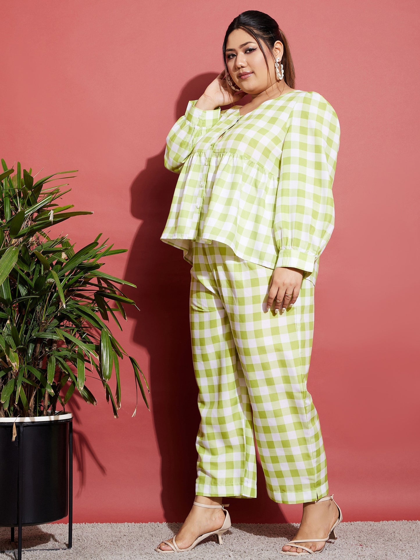Women's Green & White Check Top With Tapered Pants