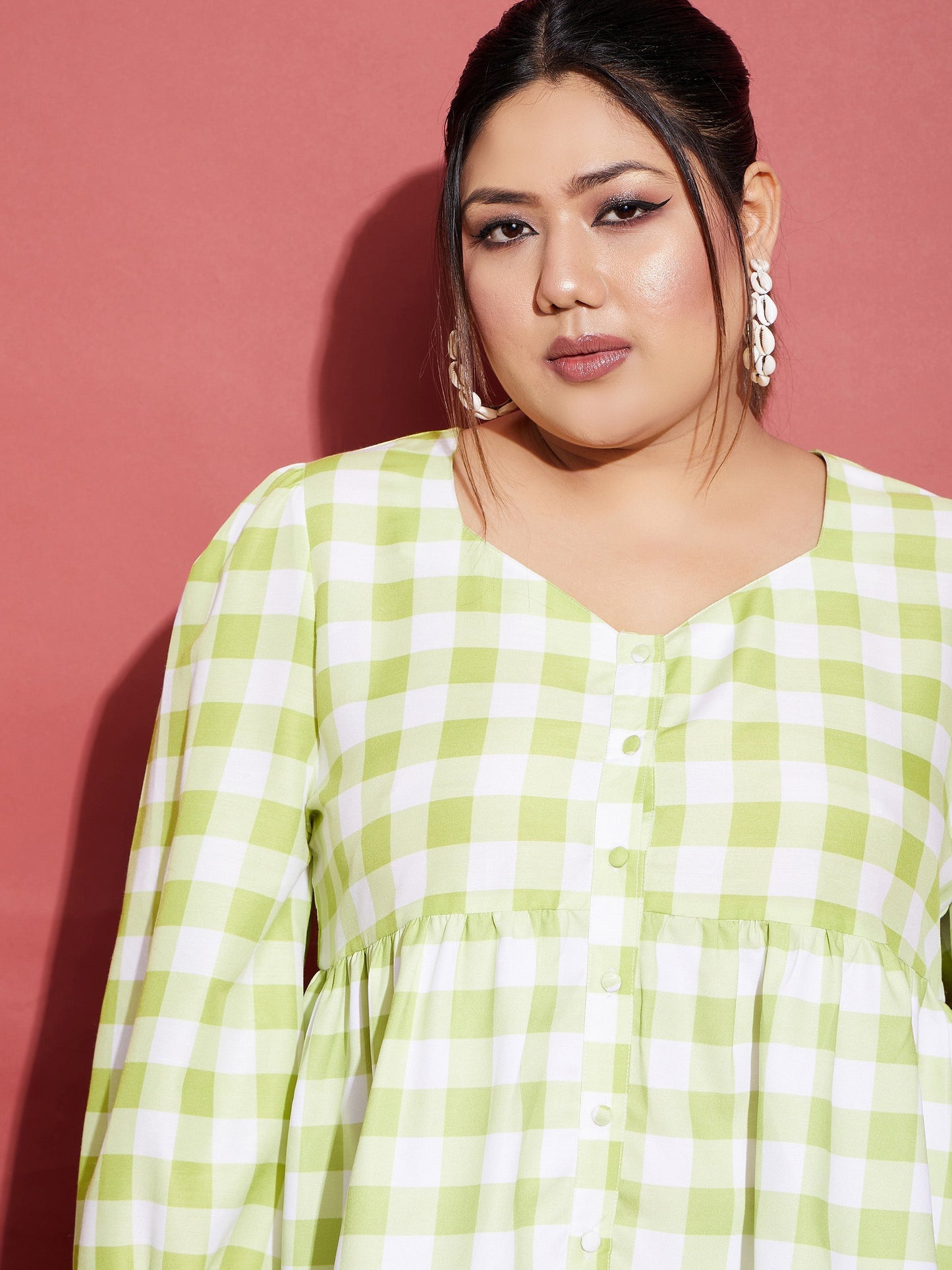 Women's Green & White Check Top With Tapered Pants