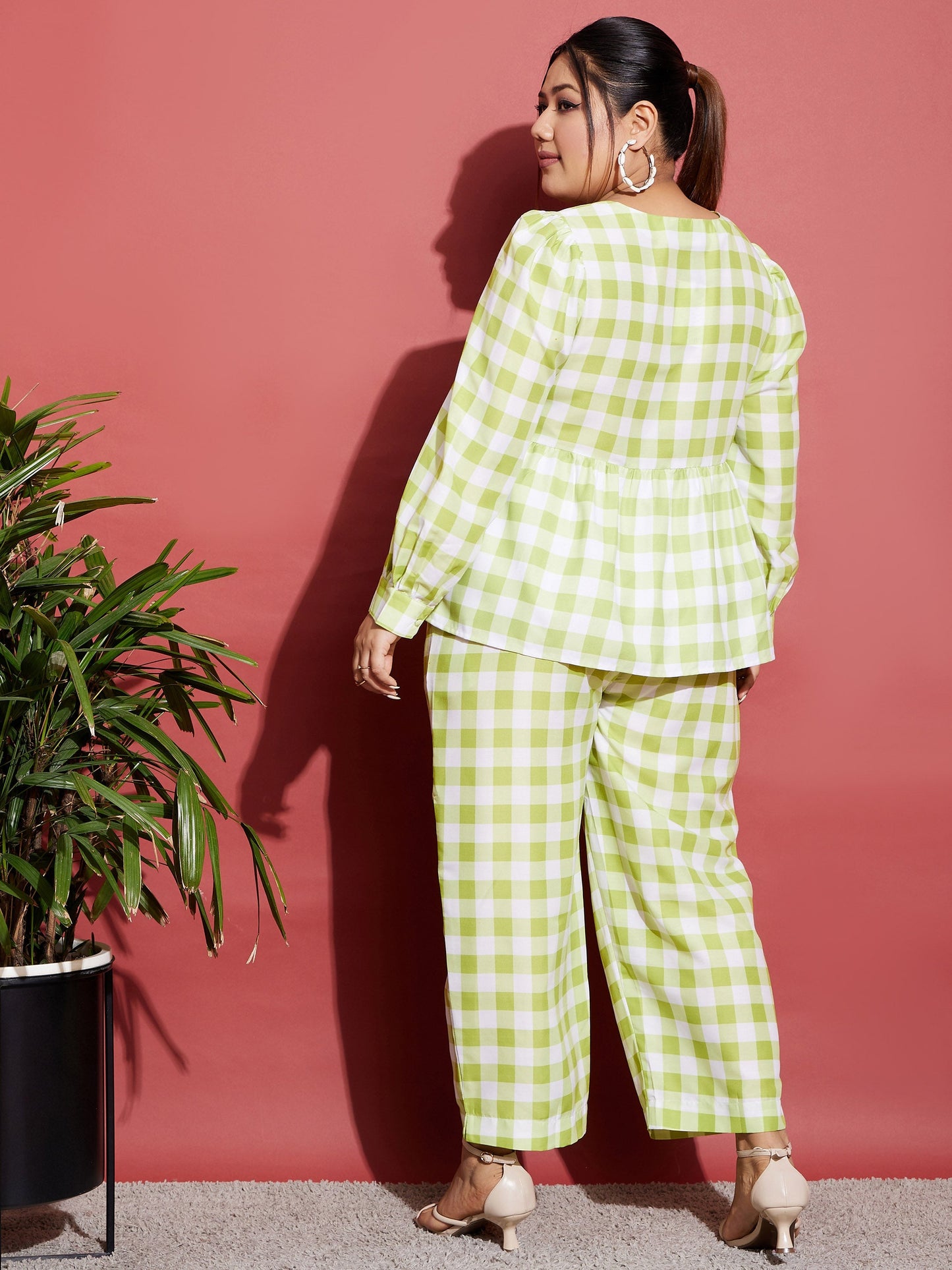 Women's Green & White Check Top With Tapered Pants