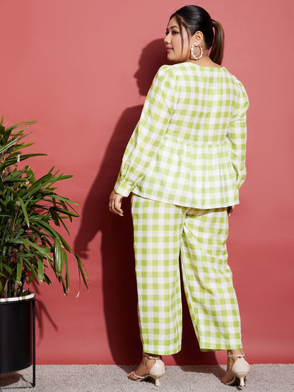 Women's Green & White Check Top With Tapered Pants