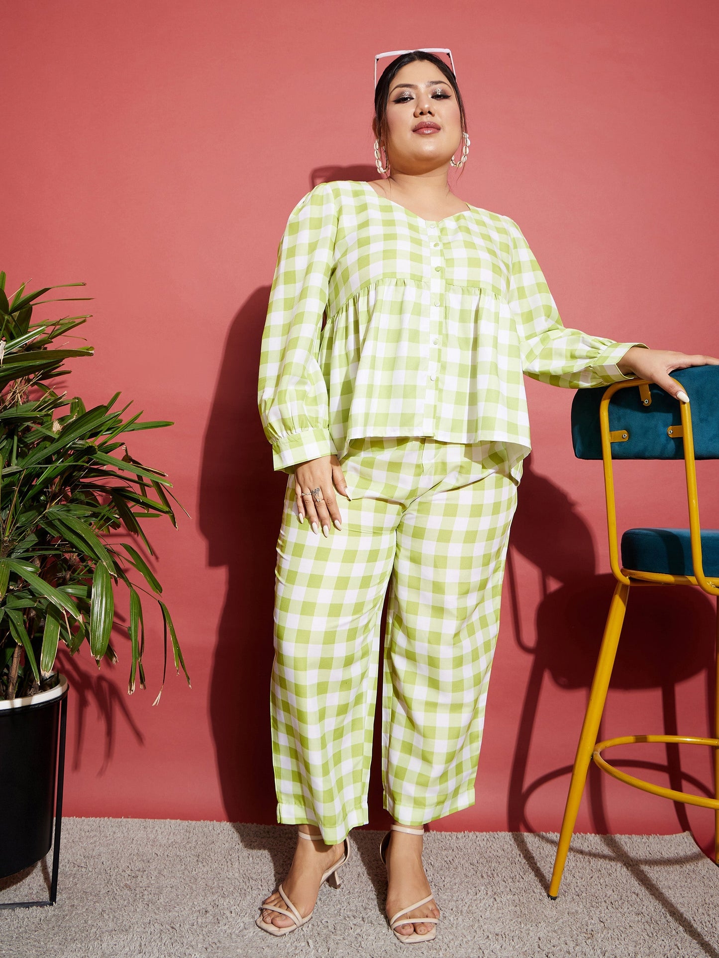 Women's Green & White Check Top With Tapered Pants