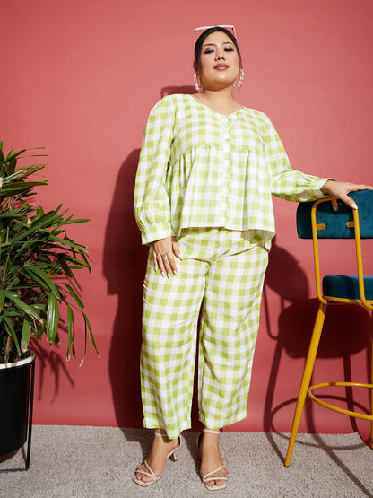 Women's Green & White Check Top With Tapered Pants