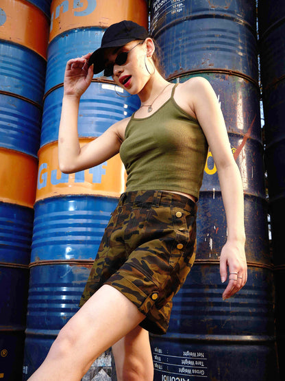Women's Olive Rib Strappy Top With Camouflage Shorts