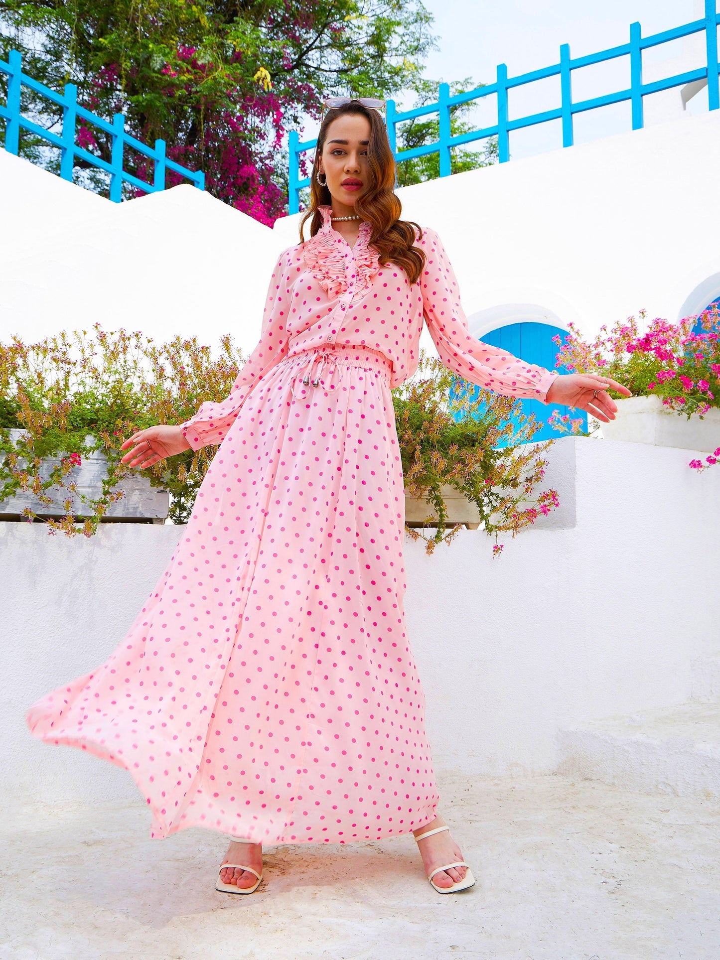 Women's Pink Polka Dot Pleated Shirt with Maxi Skirt