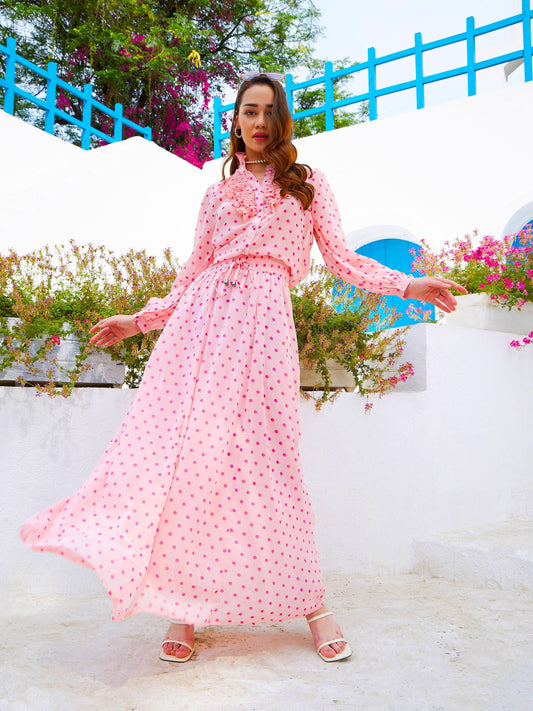 Women's Pink Polka Dot Pleated Shirt with Maxi Skirt