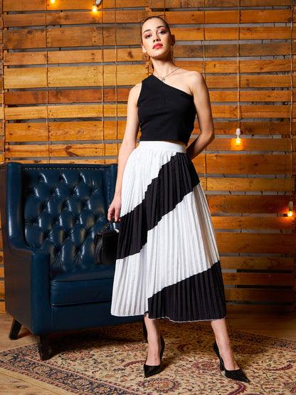 Women's Black Crop Top With Colour Block Pleated Skirt