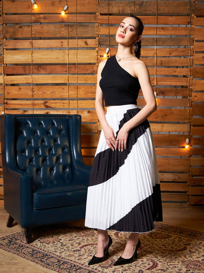 Women's Black Crop Top With Colour Block Pleated Skirt