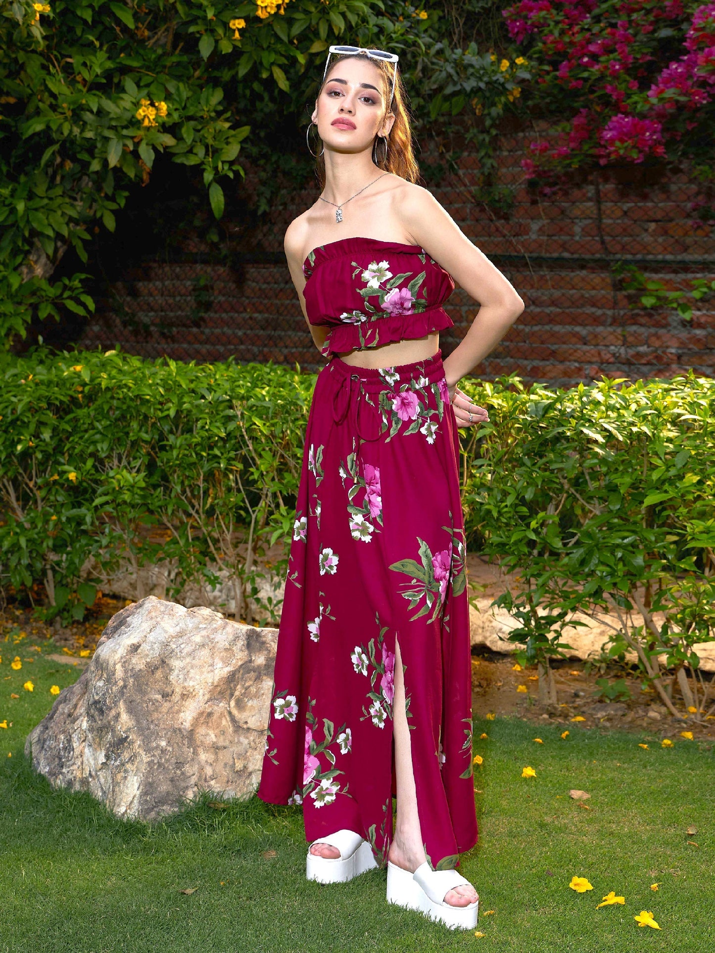 Women's Maroon Floral Tube Top With Maxi Skirt