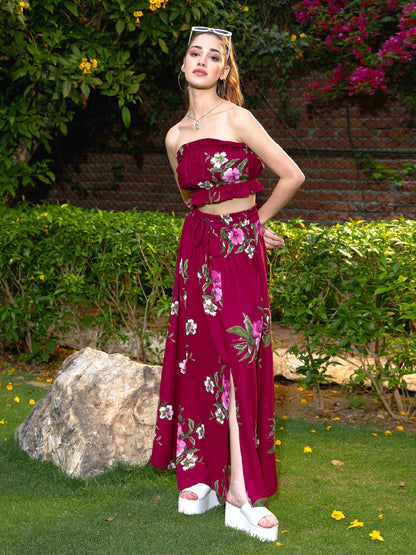 Women's Maroon Floral Tube Top With Maxi Skirt