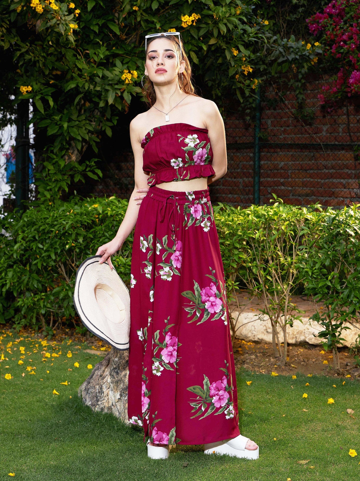 Women's Maroon Floral Tube Top With Maxi Skirt