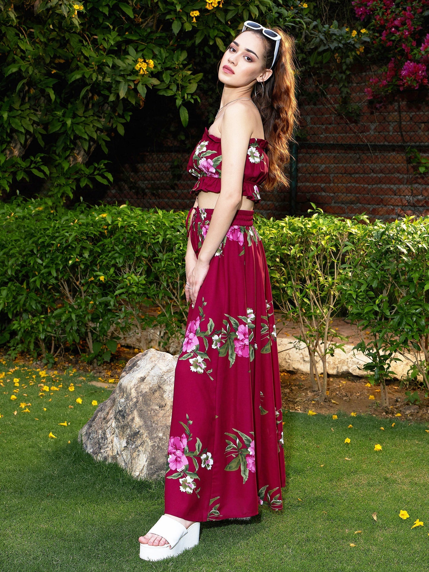 Women's Maroon Floral Tube Top With Maxi Skirt